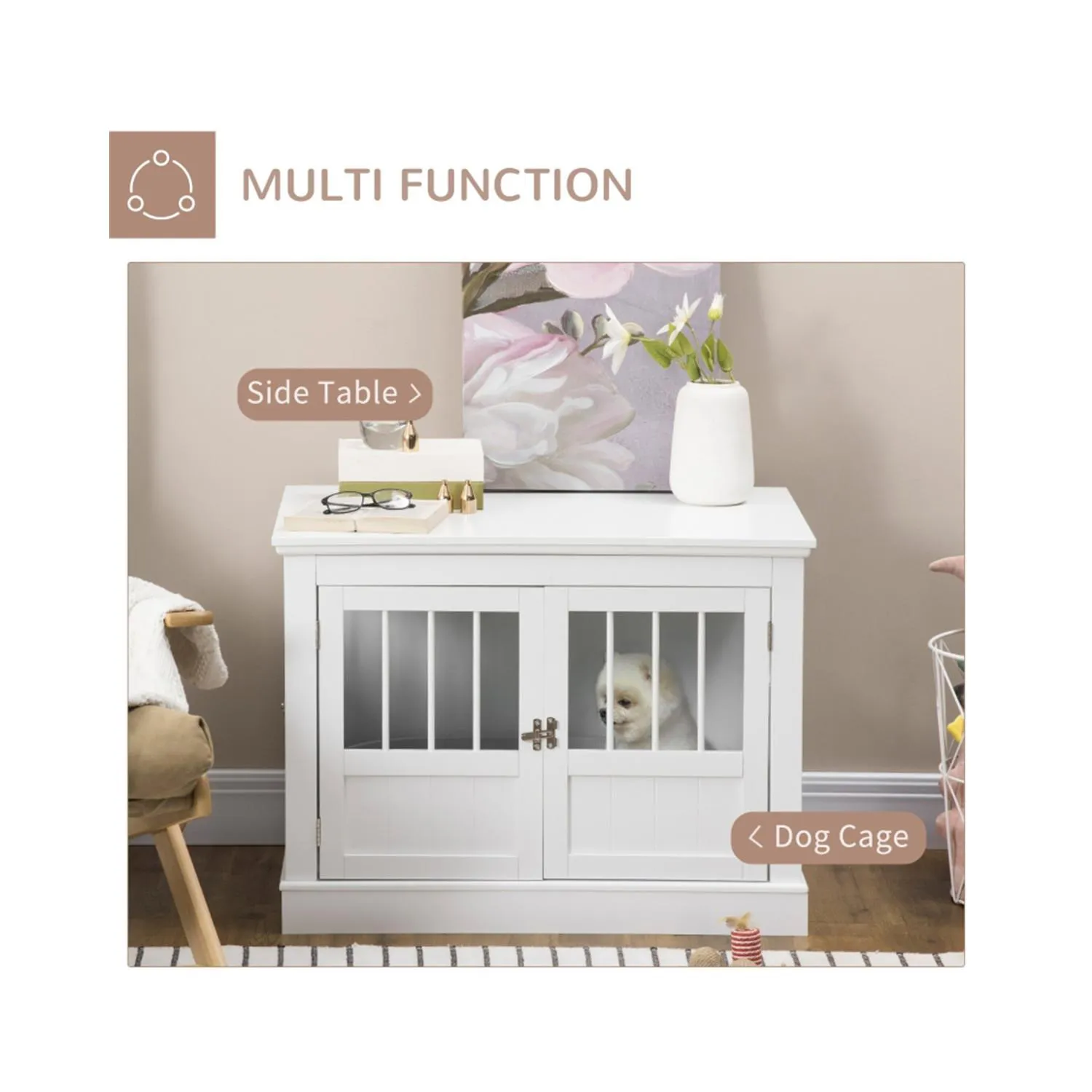 Jaula Decorativa para Perros Pequeños con Puertas Francesas Blanca
