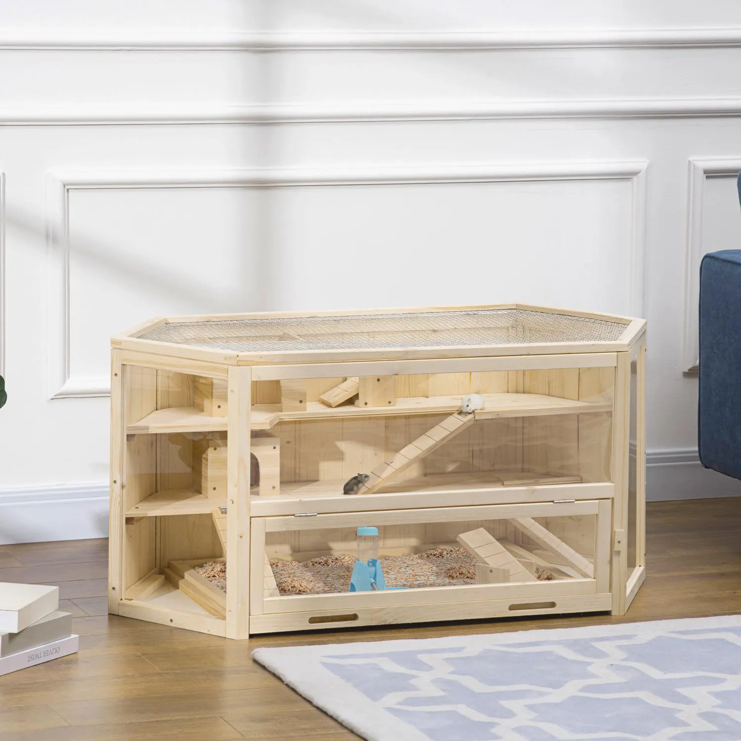 Jaula de Madera de 3 Niveles con Ventanas Transparentes para Hámsteres