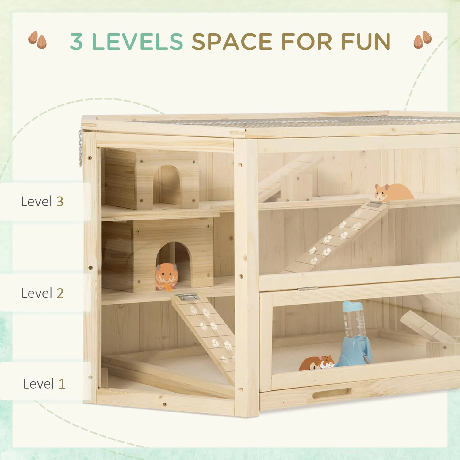 Jaula de Madera de 3 Niveles con Ventanas Transparentes para Hámsteres 4