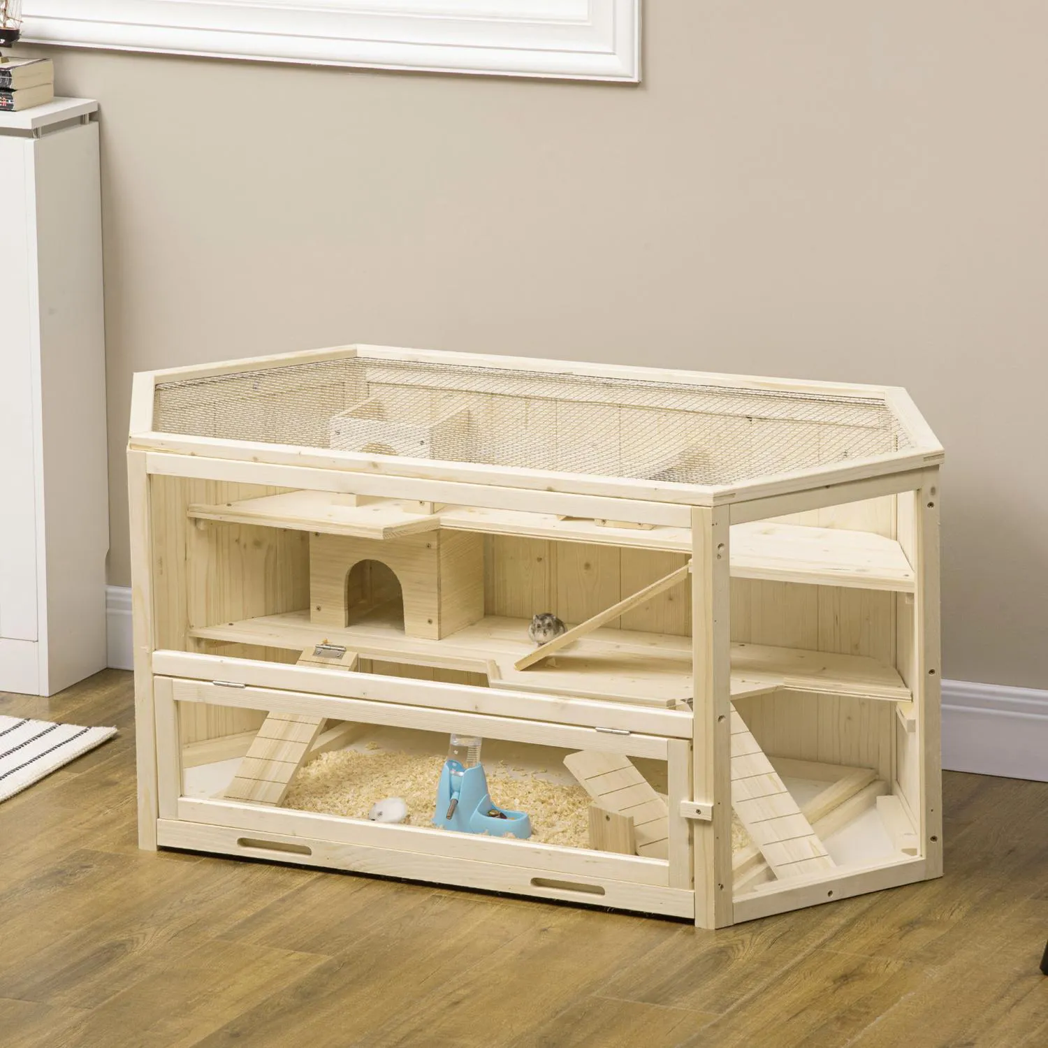 Jaula de Madera de 3 Niveles con Ventanas Transparentes para Hámsteres 7