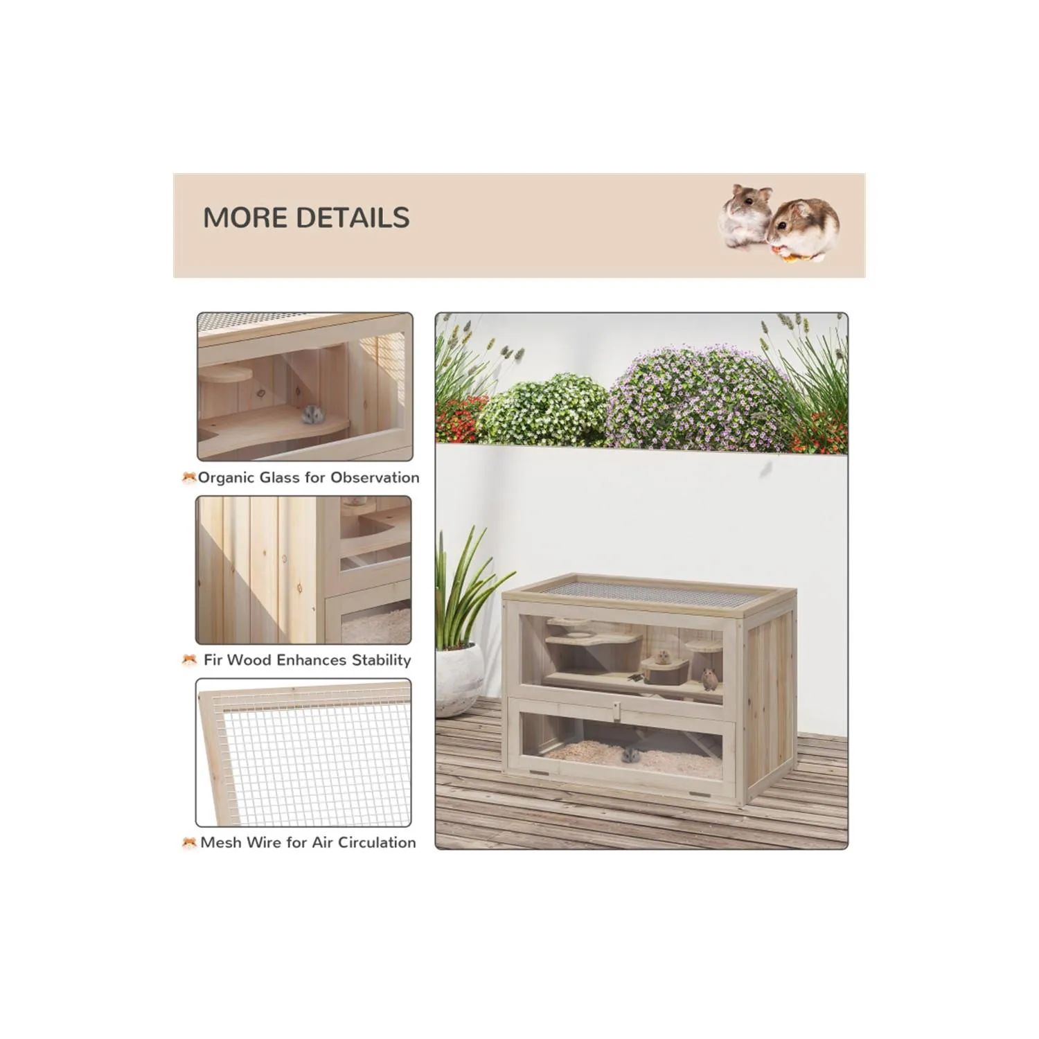 Jaula de Madera para Hámster con Plataformas y Ventilación Superior