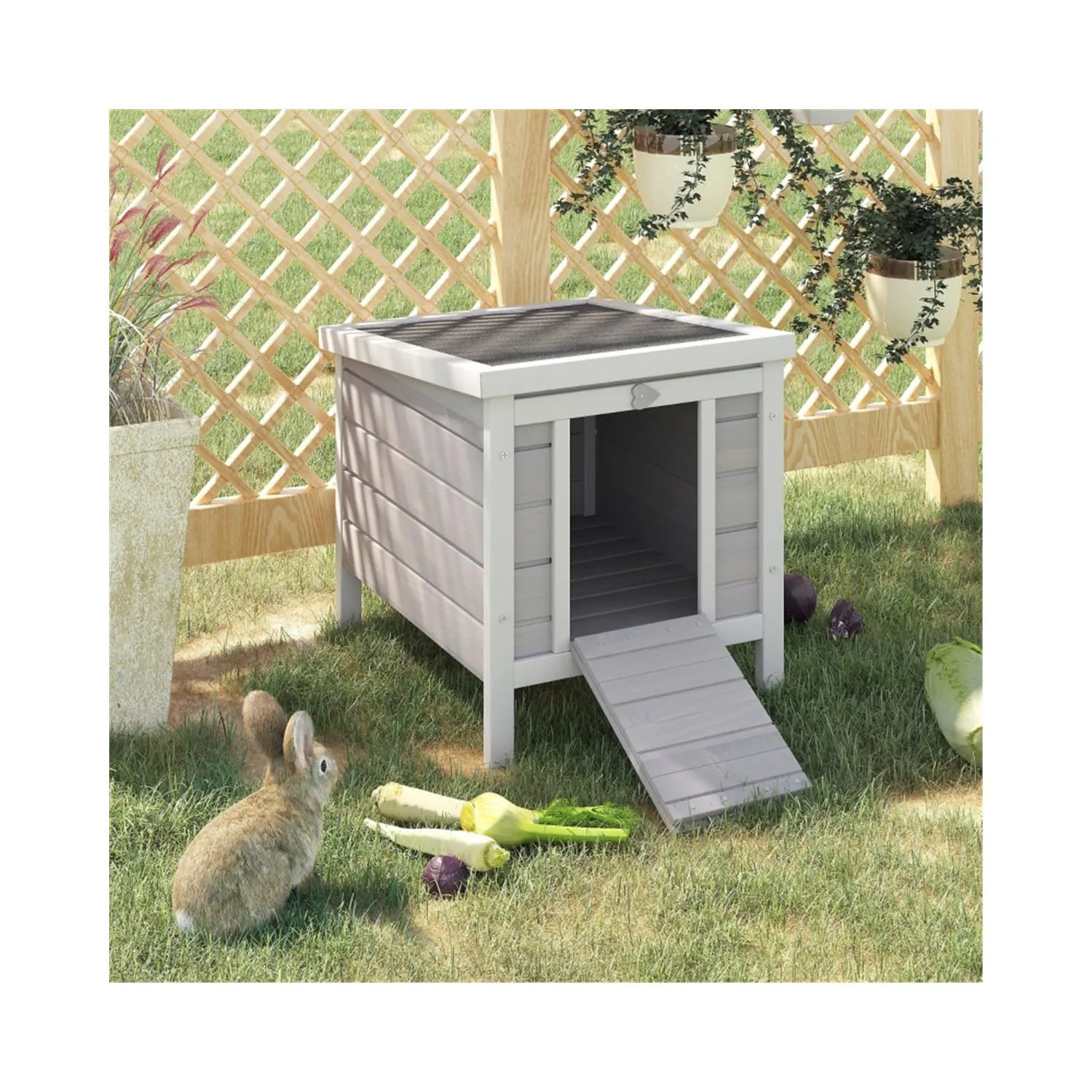 Casa elevada de madera para mascotas con techo impermeable y rampa