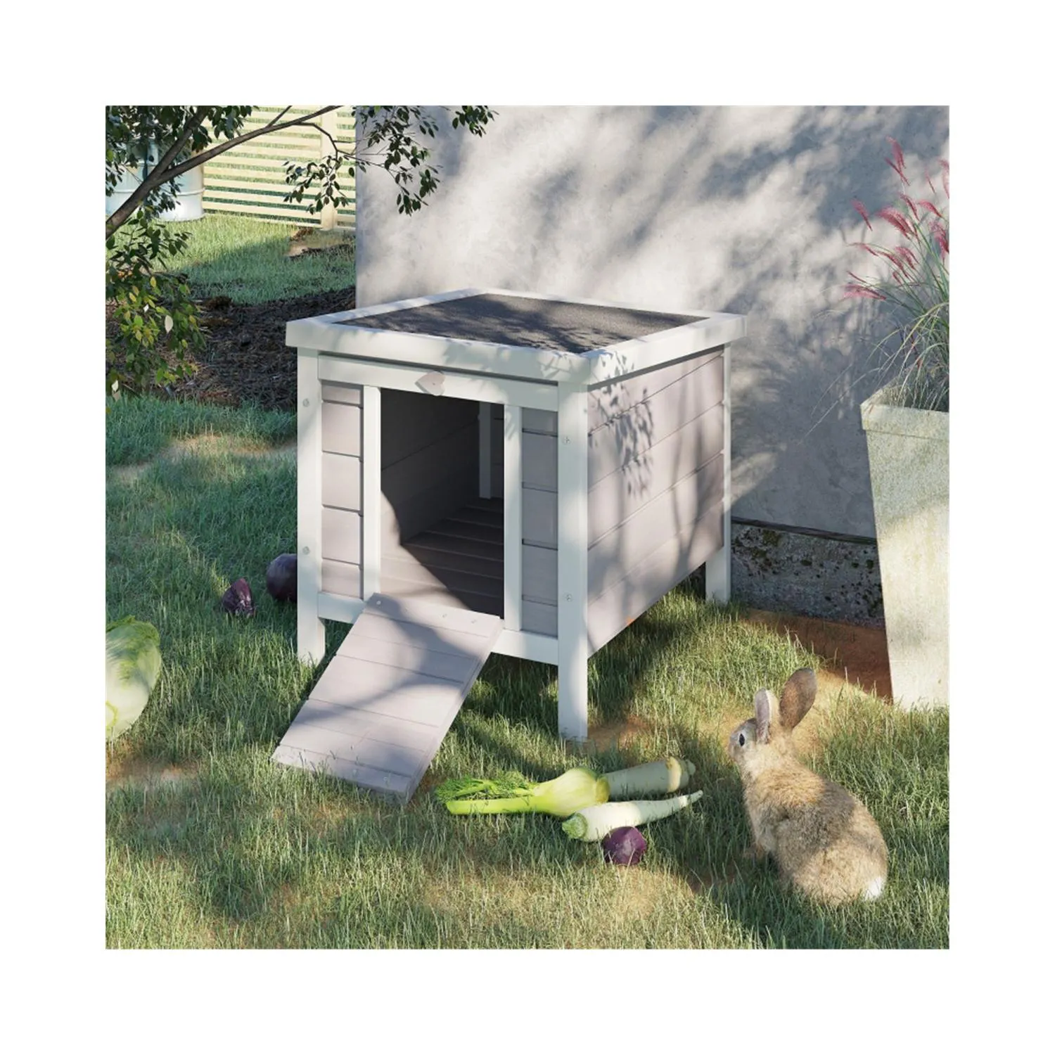 Casa elevada de madera para mascotas con techo impermeable y rampa 7