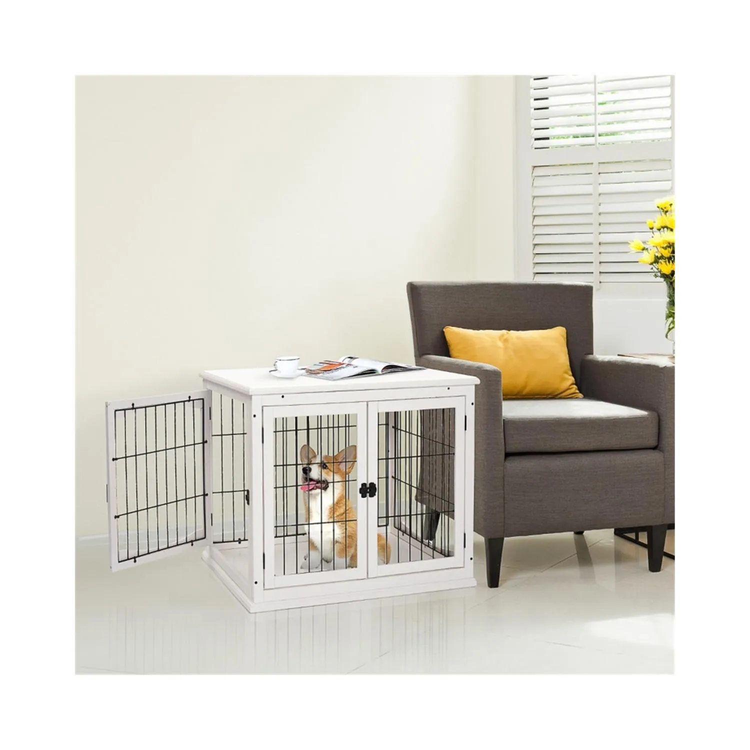 Jaula Decorativa para Perros con Diseño 2 en 1 y Puertas Francesas 6