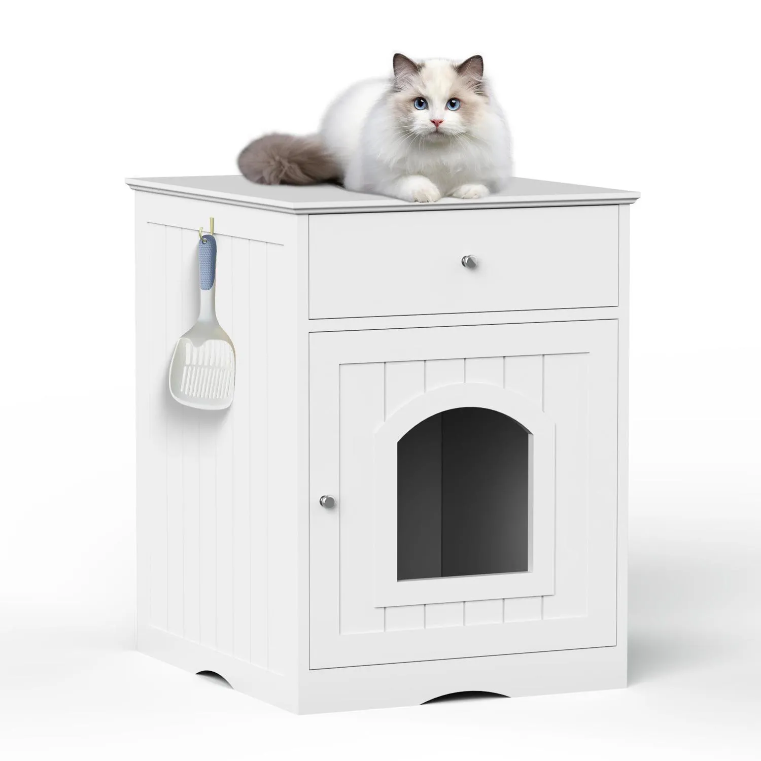 Caseta de Madera para Gatos con Cajón y Función de Mesita Blanca
