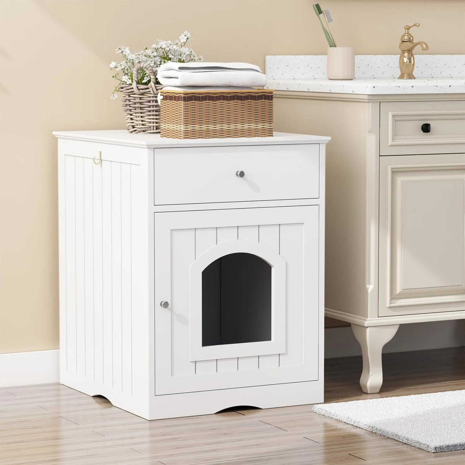 Caseta de Madera para Gatos con Cajón y Función de Mesita Blanca 3