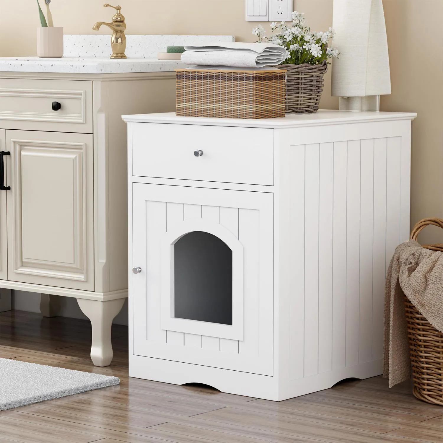 Caseta de Madera para Gatos con Cajón y Función de Mesita Blanca 4