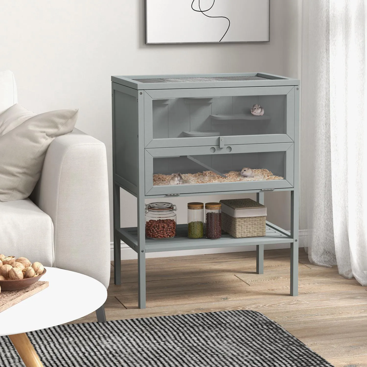 Jaula de Madera para Hámster con Ventana Transparente y Diseño Elevado