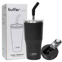 Mug Vaso Termo para Agua Café 570ml Buffer en Acero Inoxidable + Tapas Negro