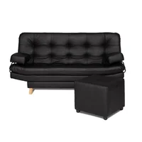 Combo Sofá Cama y Puff Valencia Negro Sintético 180x85cm de Tres Puestos Antifluido Con Patas