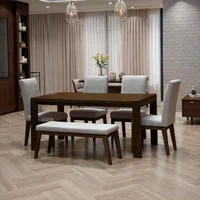 Comedor 6 puestos 4 sillas 1 banca Oxford Natural Oscuro Tela Plata