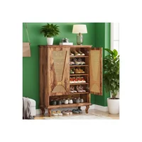 Zapatero con Puertas de Ratán y 4 Estantes Ajustables en Madera Natural