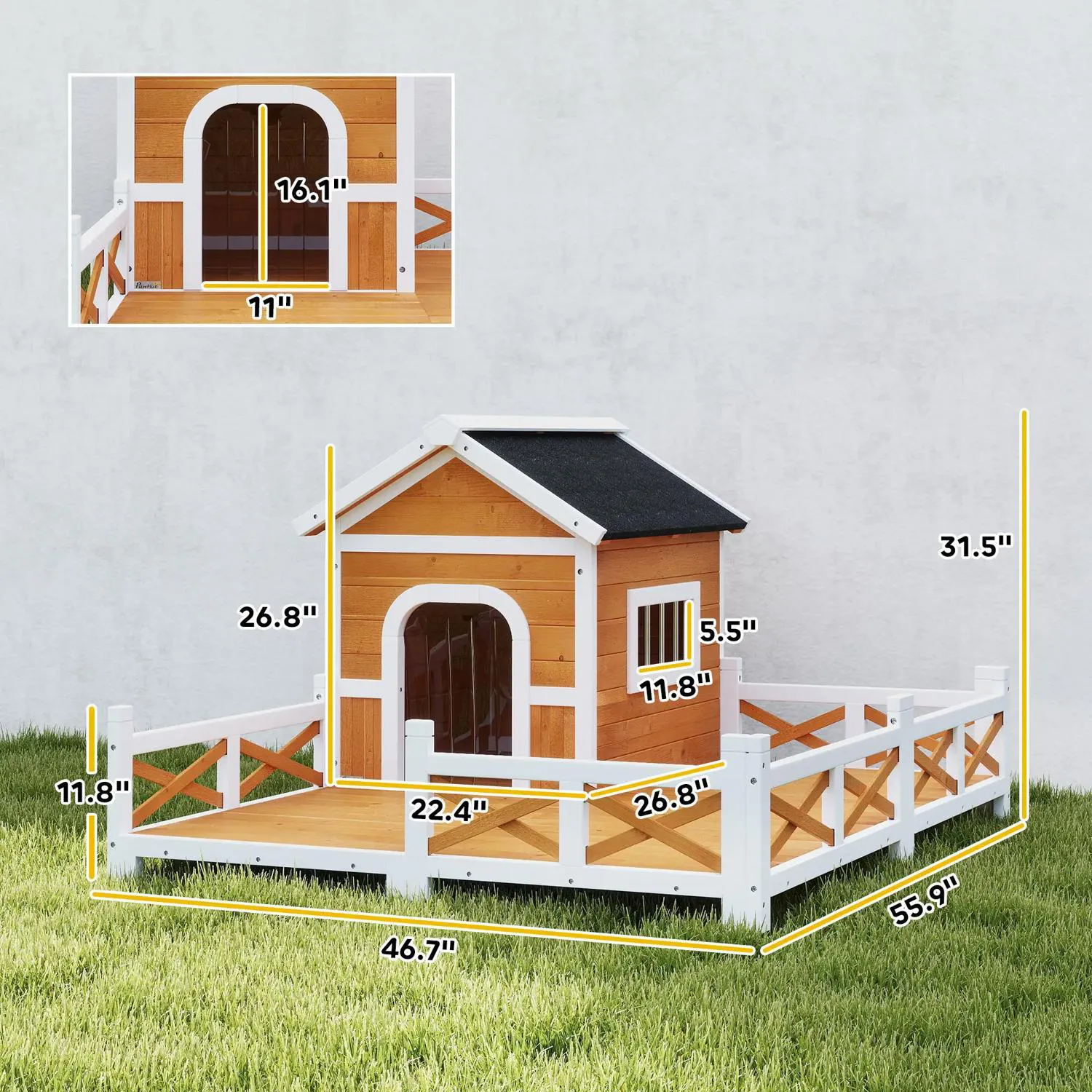 Casa para perros de madera con terraza y techo de asfalto