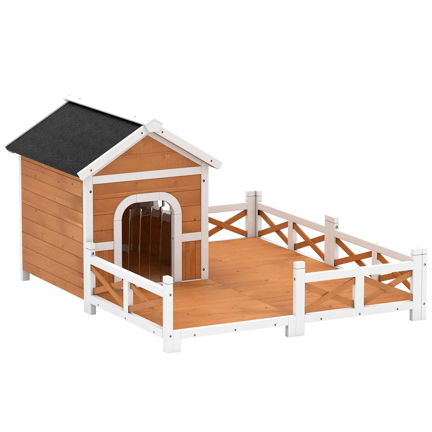 Casa para perros de madera con terraza y techo de asfalto