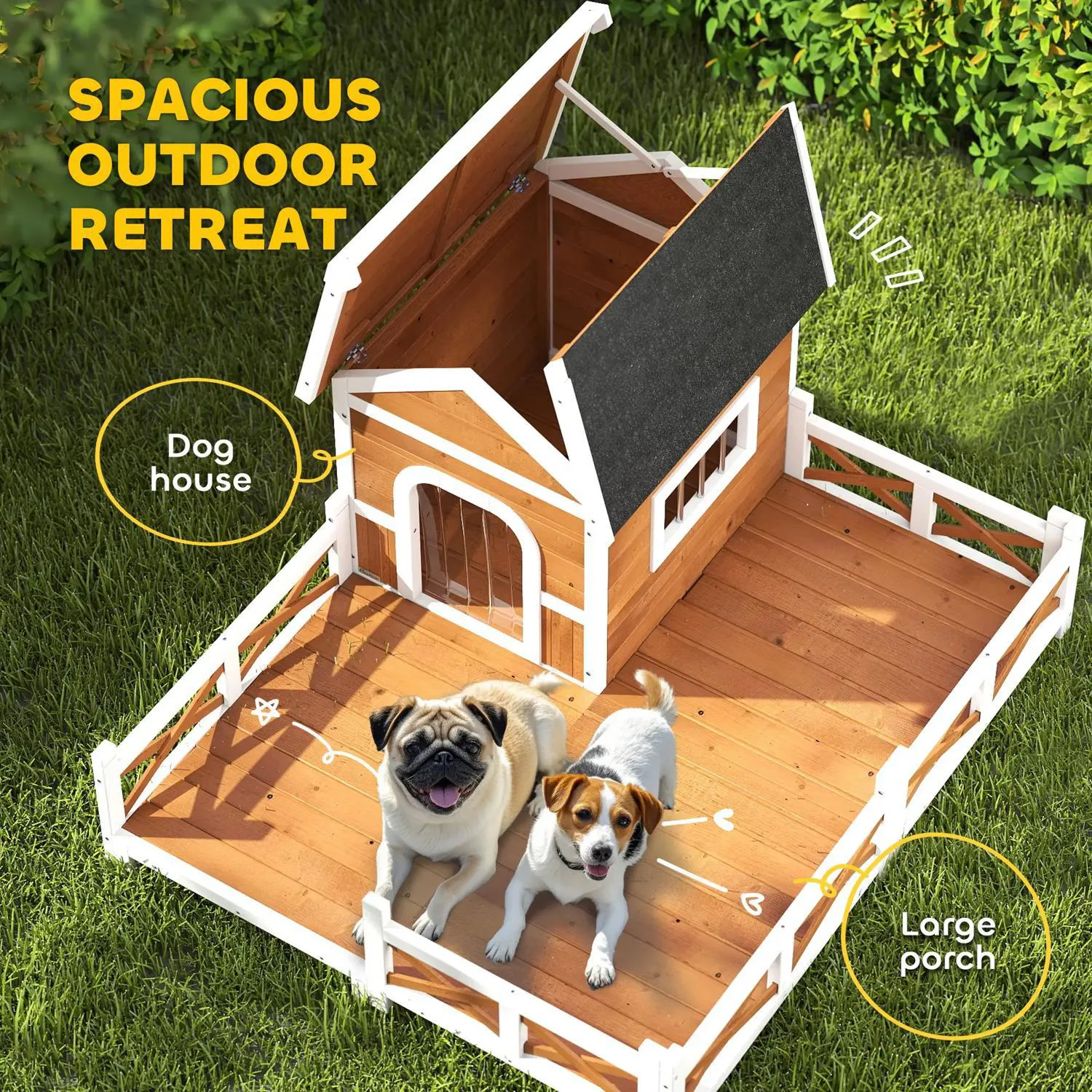 Casa para perros de madera con terraza y techo de asfalto 4
