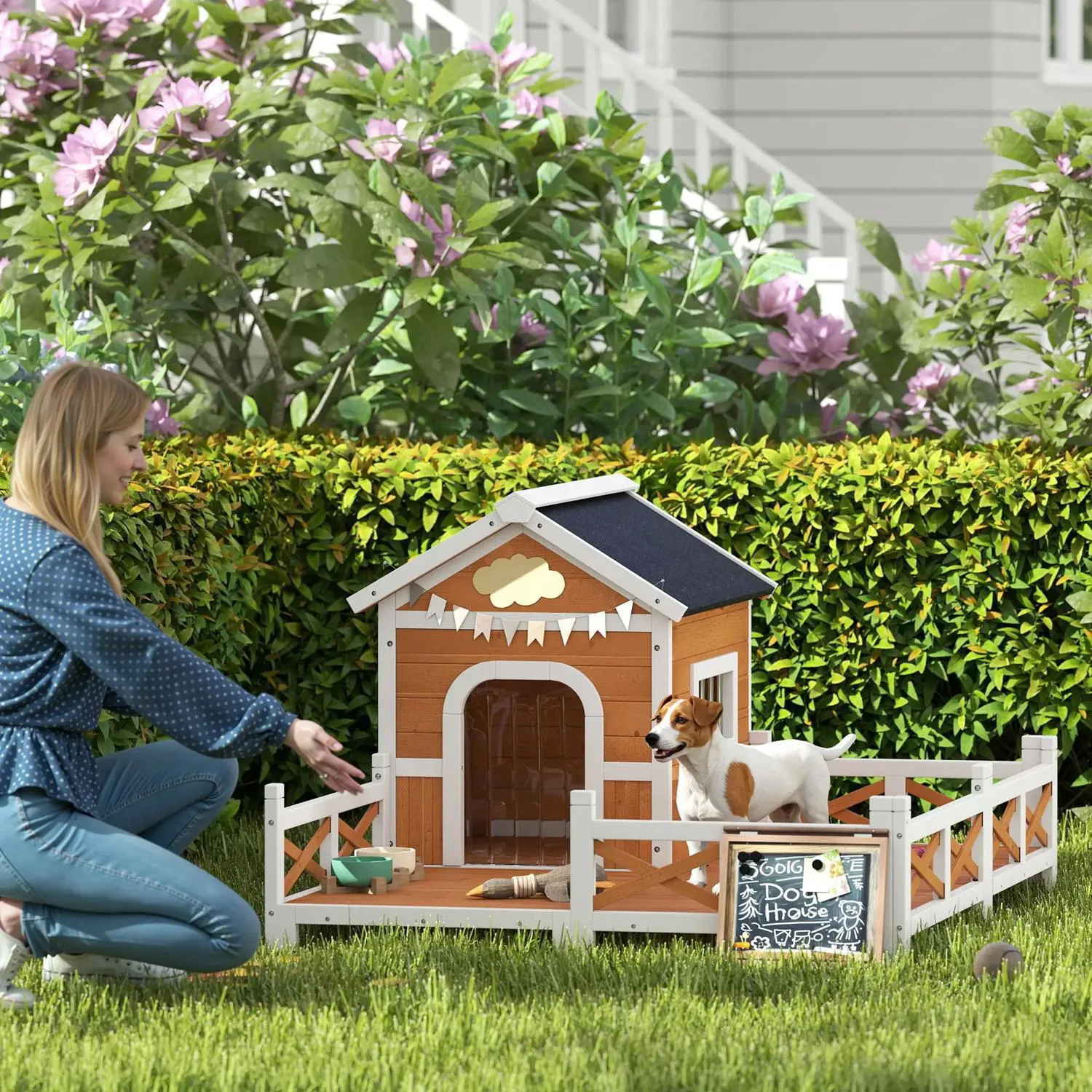 Casa para perros de madera con terraza y techo de asfalto 5