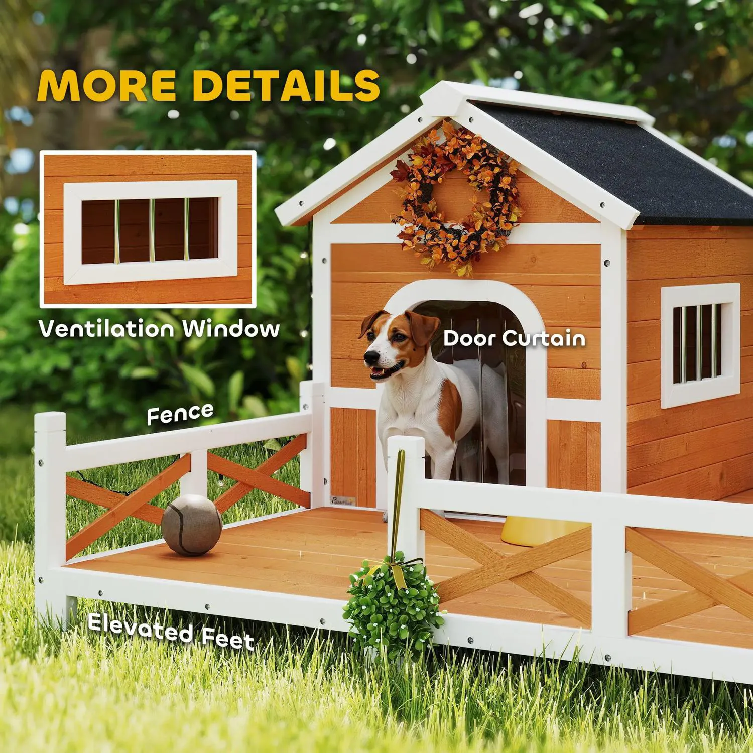 Casa para perros de madera con terraza y techo de asfalto 6