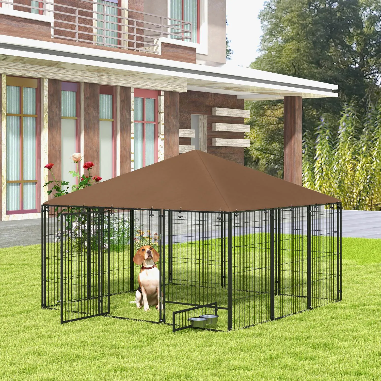 Jaula Exterior para Perros con Techo y Accesorios Integrados