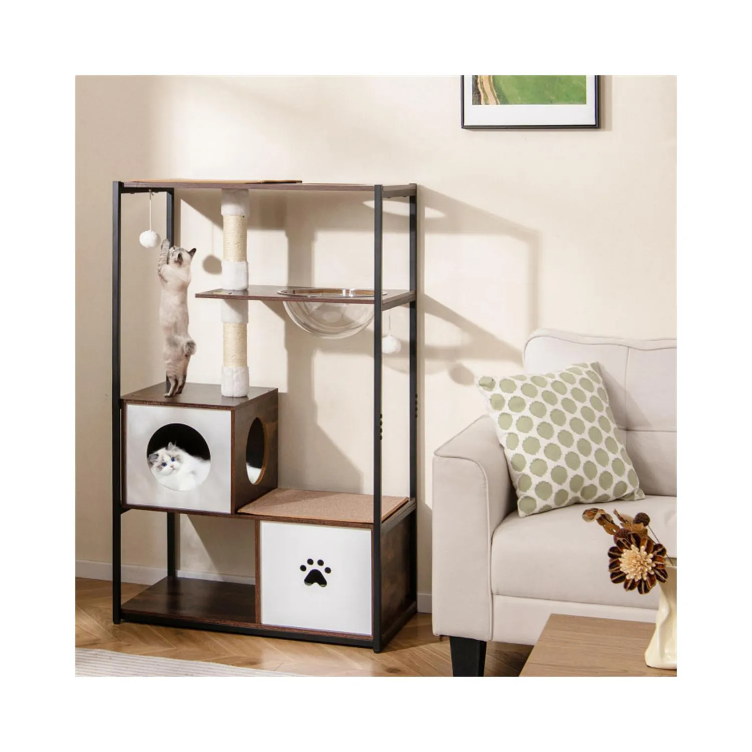 Arbol para Gatos de Madera y Metal con Compartimentos y Plataformas 5