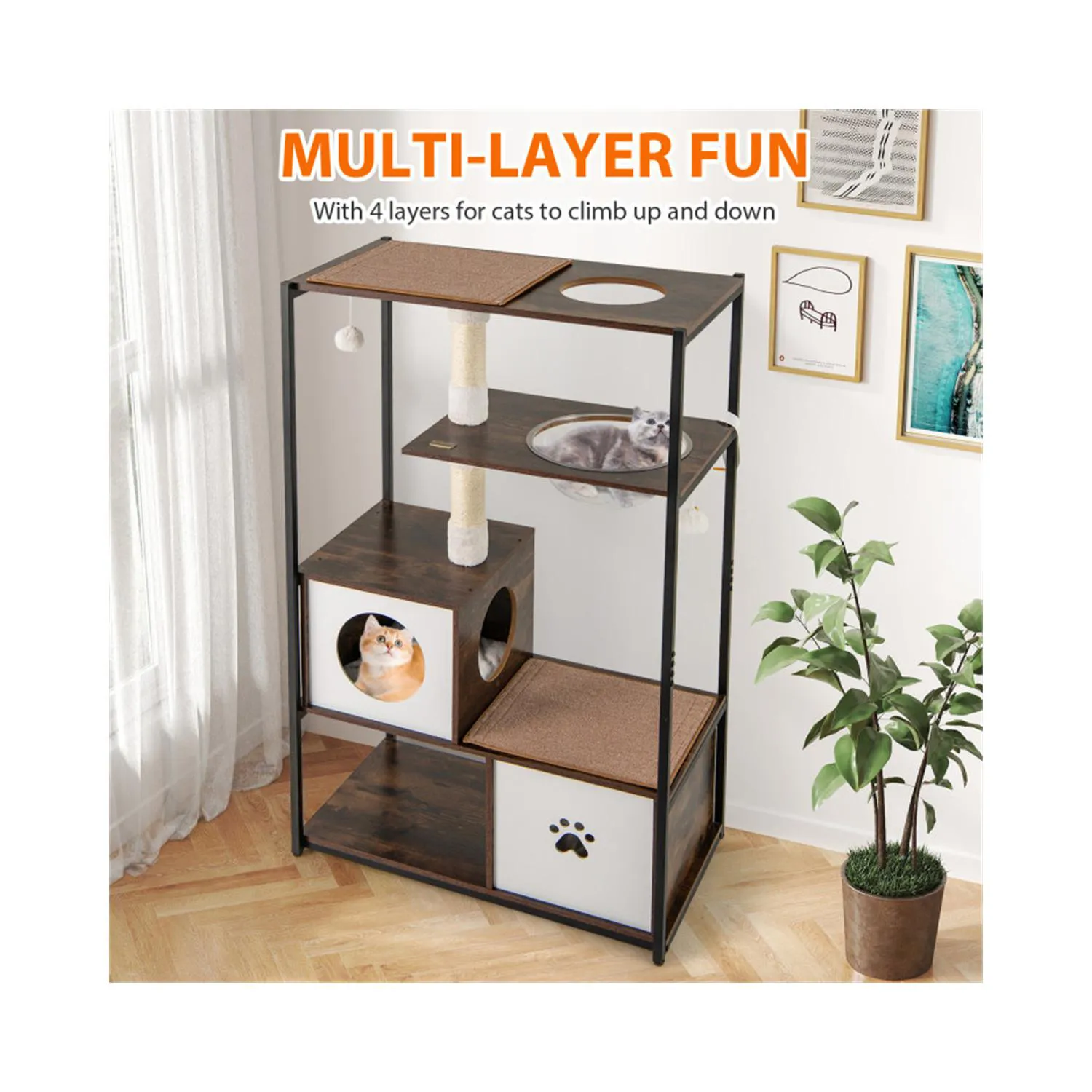 Arbol para Gatos de Madera y Metal con Compartimentos y Plataformas 9