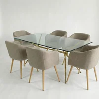 Juego de Comedor Ámbar 6 Puestos Mesa Rectangular Brie Cristal Templado y Dorado Con Sillas Beige