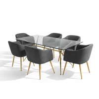 Juego de Comedor Ámbar 6 Puestos Mesa Rectangular Brie Cristal Templado y Dorado Con Sillas Gris Grafito