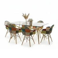 Juego de Comedor Arcoiris 6 Puestos Mesa Rectangular Brie Cristal Templado y Dorado Con Sillas Patchwork
