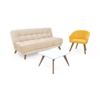 Set de Sala con Sofa Cama Petra Beige Poltrona Shanghai Mostaza Mesa Nova
