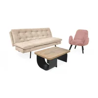 Set de Sala con Sofa Cama Milan Beige Poltrona Sibu Salmon y Mesa Ark