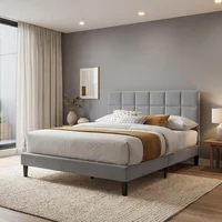 Cama Doble Vertex Gris Claro Madera Roble Tapizada