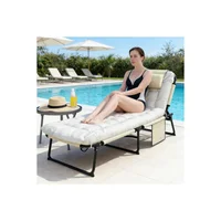 Silla Reclinable Plegable para Exterior con Cojín y Bolsillo Negro y Beige