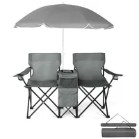 Silla Plegable Gris de 2 Asientos con Sombrilla Extraíble