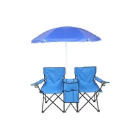 Silla Plegable Azul de 2 Asientos con Sombrilla Extraíble