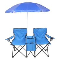 Silla Plegable de Exterior para Dos Personas con Sombrilla Extraíble Azul