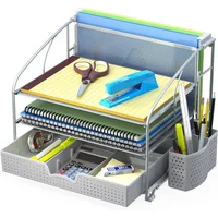 Organizador de Escritorio Plateado de 3 Niveles con Cajón y Soporte