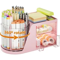 Organizador de Escritorio Giratorio con 6 Compartimentos y 2 Cajones en Color Rosado