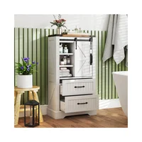 Mueble Auxiliar Blanco Estilo Granja con Puerta Tipo Granero, Cajones y Estantes Ajustables