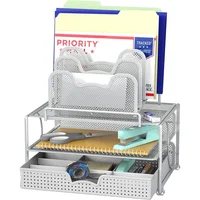 Organizador de Escritorio Plateado con Cajón y Bandeja Doble