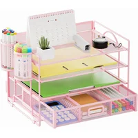 Organizador de Escritorio de 4 Niveles con Cajón Color Rosa
