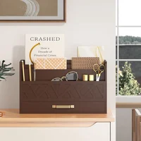 Organizador de Escritorio de Bambu Marron con Cajon y Compartimentos