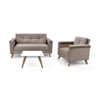 Set de Sala Con Sofa y Poltrona Carter Tela Taupe Con Mesa Nova