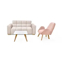 Set de Sala con Sofa Miami Beige Poltrona Sibu Salmon y Mesa Nova