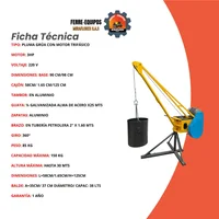 Pluma Grúa 150kg Balde con Motor Tempo Trifásico 110-220 V 3 HP con 25 m de Guaya Acerada Certificada
