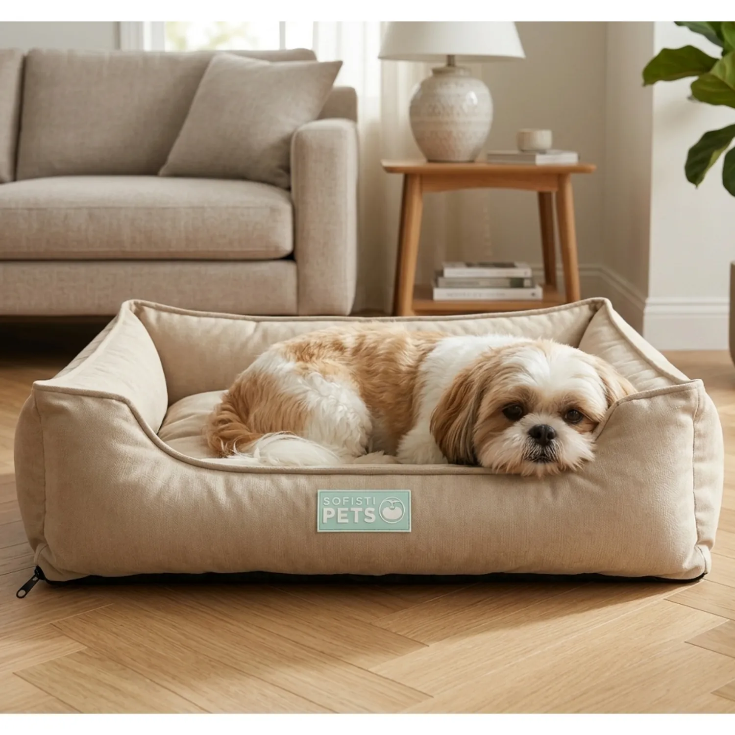 Cama Perro Lujo Mediana Beige 75cm X50cm