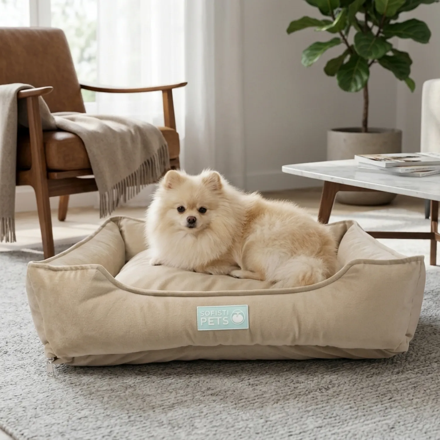 Cama Perro Lujo Pequeña Beige 50cmx40cm