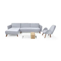 Sala Con Sofa Cama En L Chelsea Derecho Con Poltrona Sibu Tela Plata y Mesa Montreal