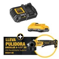 Combo Pulidora Angular Inalámbrica de 4-1/2 Pulgadas (115 mm) 20V + Cargador 12-20V Rate 6Ah + Batería Power Pack 4 Ah de 20V Max Dewalt