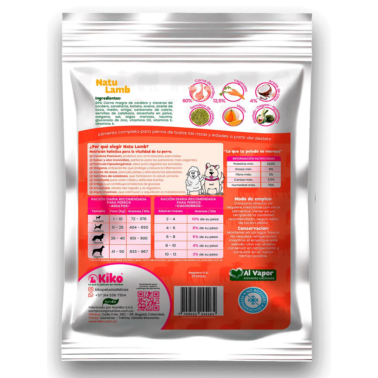 Kiko Natu Lamb Comida Húmeda Natural Monoprotéico Para Perros 60% Carne Real De Cordero 400g