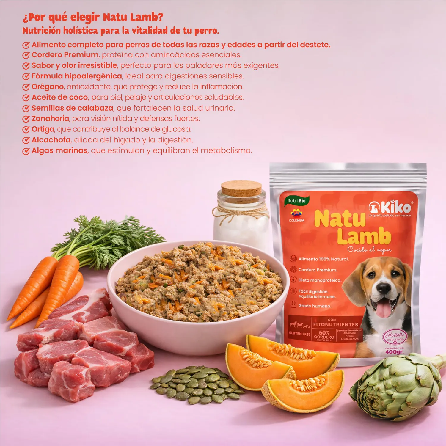 Kiko Natu Lamb Comida Húmeda Natural Monoprotéico Para Perros 60% Carne Real De Cordero 400g 6
