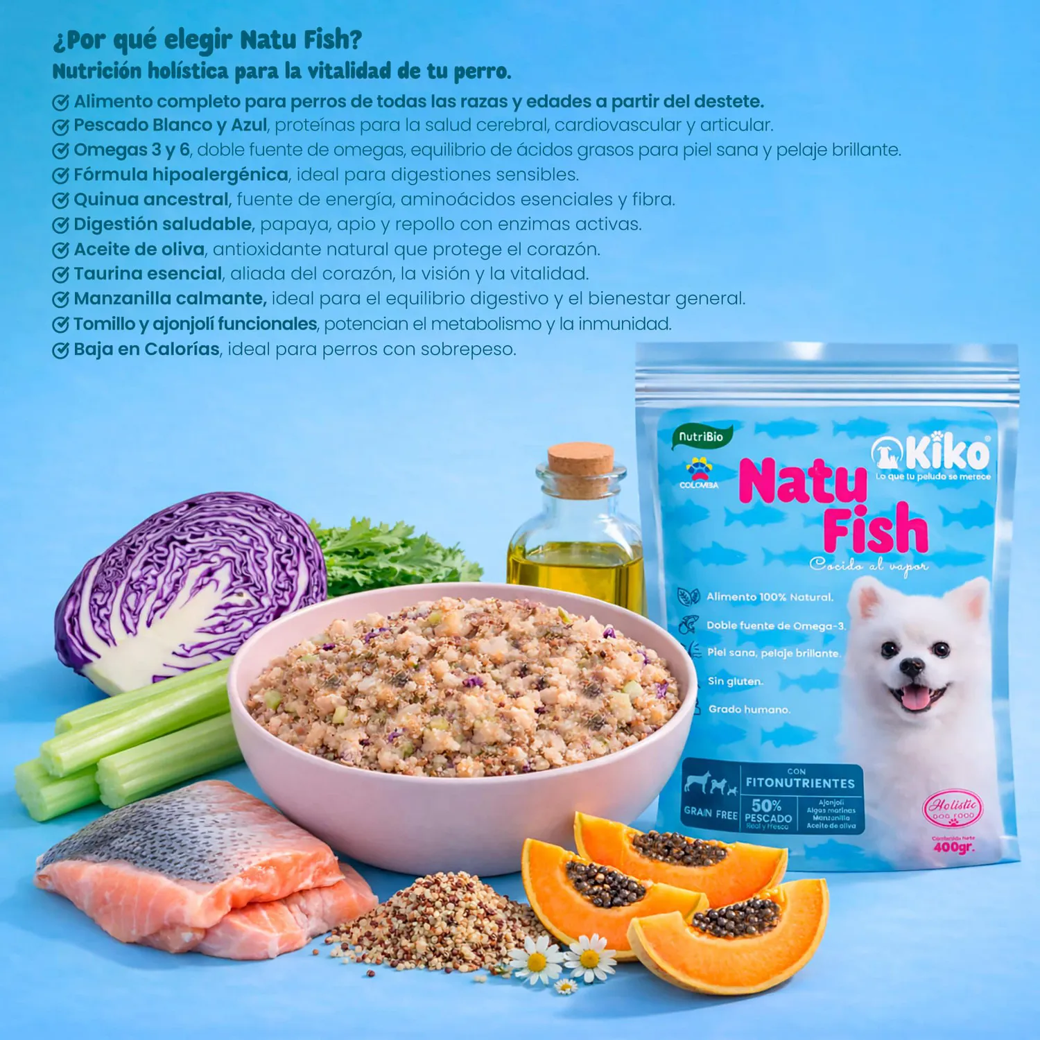 Kiko Natu Fish Comida Húmeda Natural Monoprotéico Para Perros 50% Pescado Azul Y Blanco 400g 6